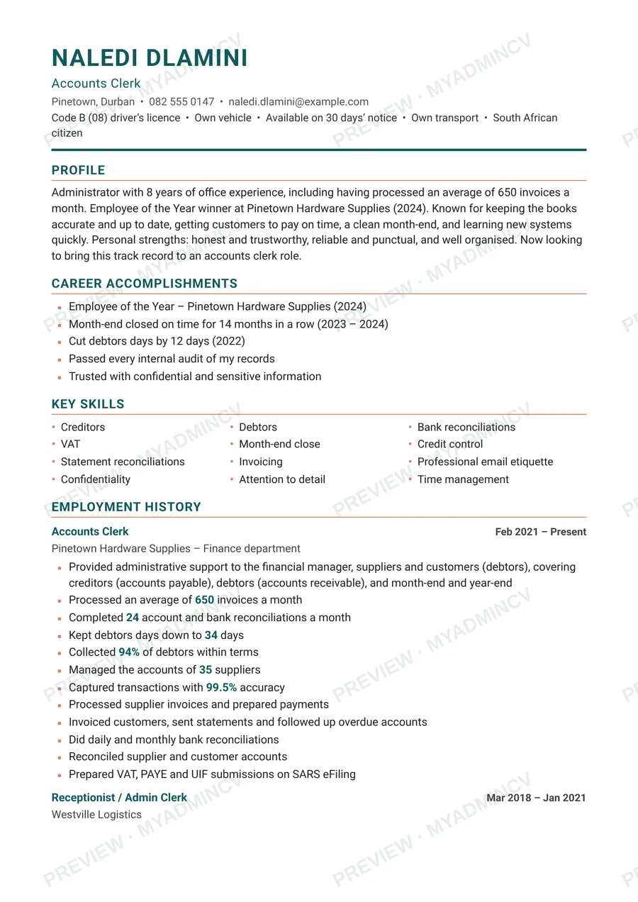 Sample admin CV made with MyAdminCV (made-up person)