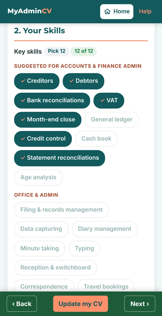 The CV form on a phone: tap the skills that fit you