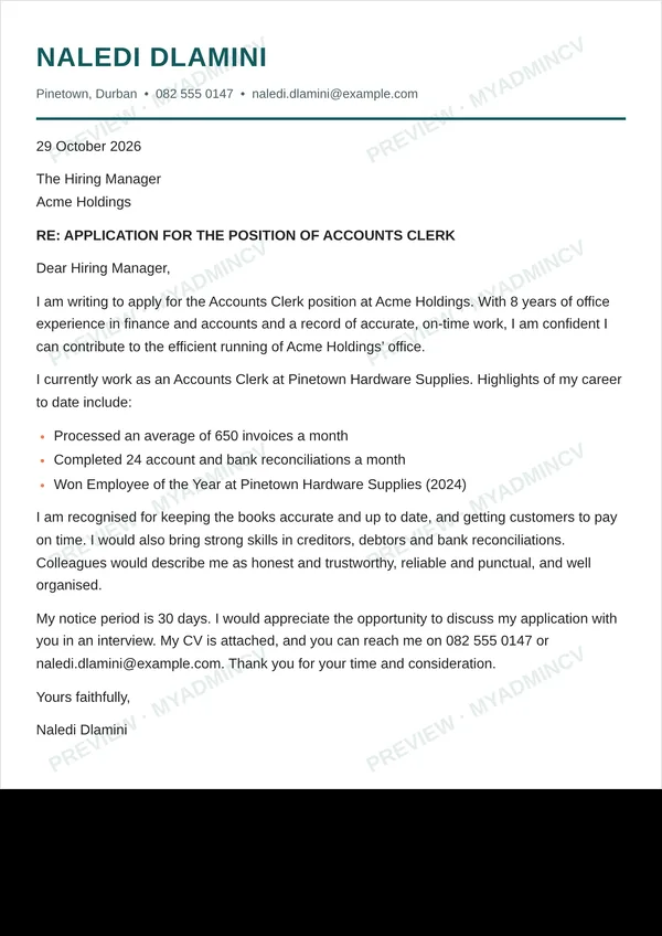 Sample cover letter for an accounts clerk job (made-up person)
